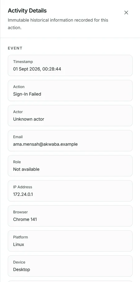 Filter by person, by action or by date, then press an event for the whole of it.