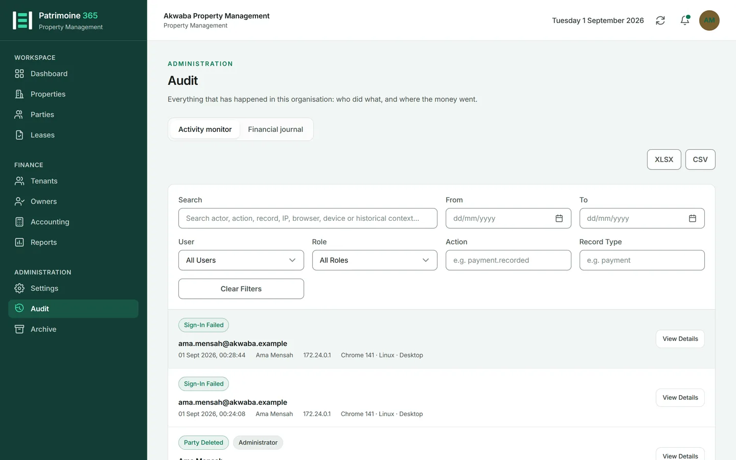 Open Audit from the Administration group. It opens on Activity monitor.