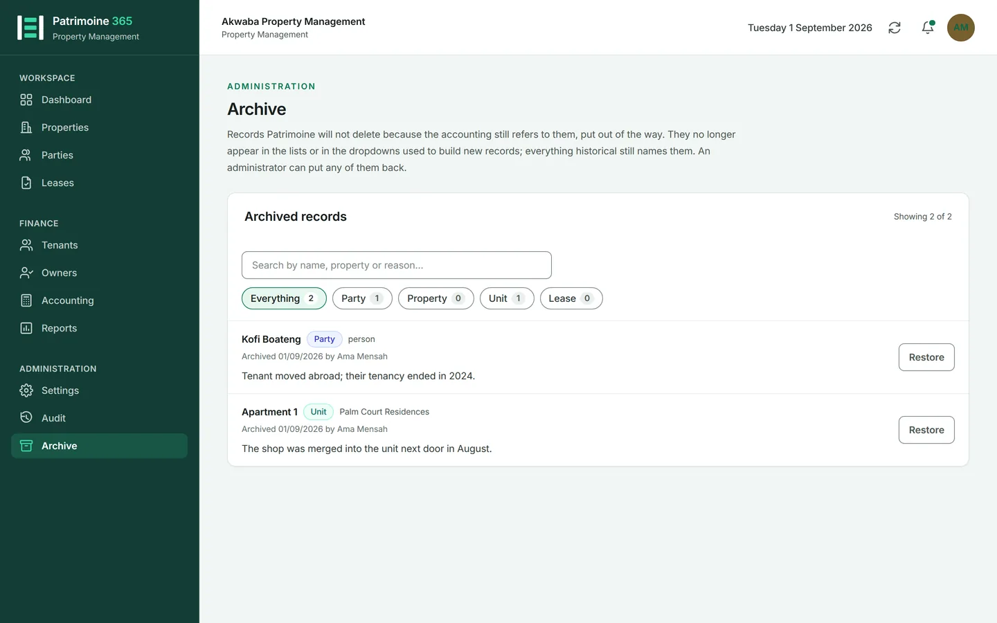 Open Archive, under Audit, to see everything that has been put away, why, and who put it there. Search across the names and the reasons, or narrow to one kind of record with the chips.