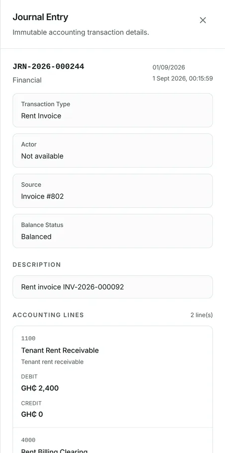 Press an entry to see its lines — what was debited, what was credited, and what document produced it.