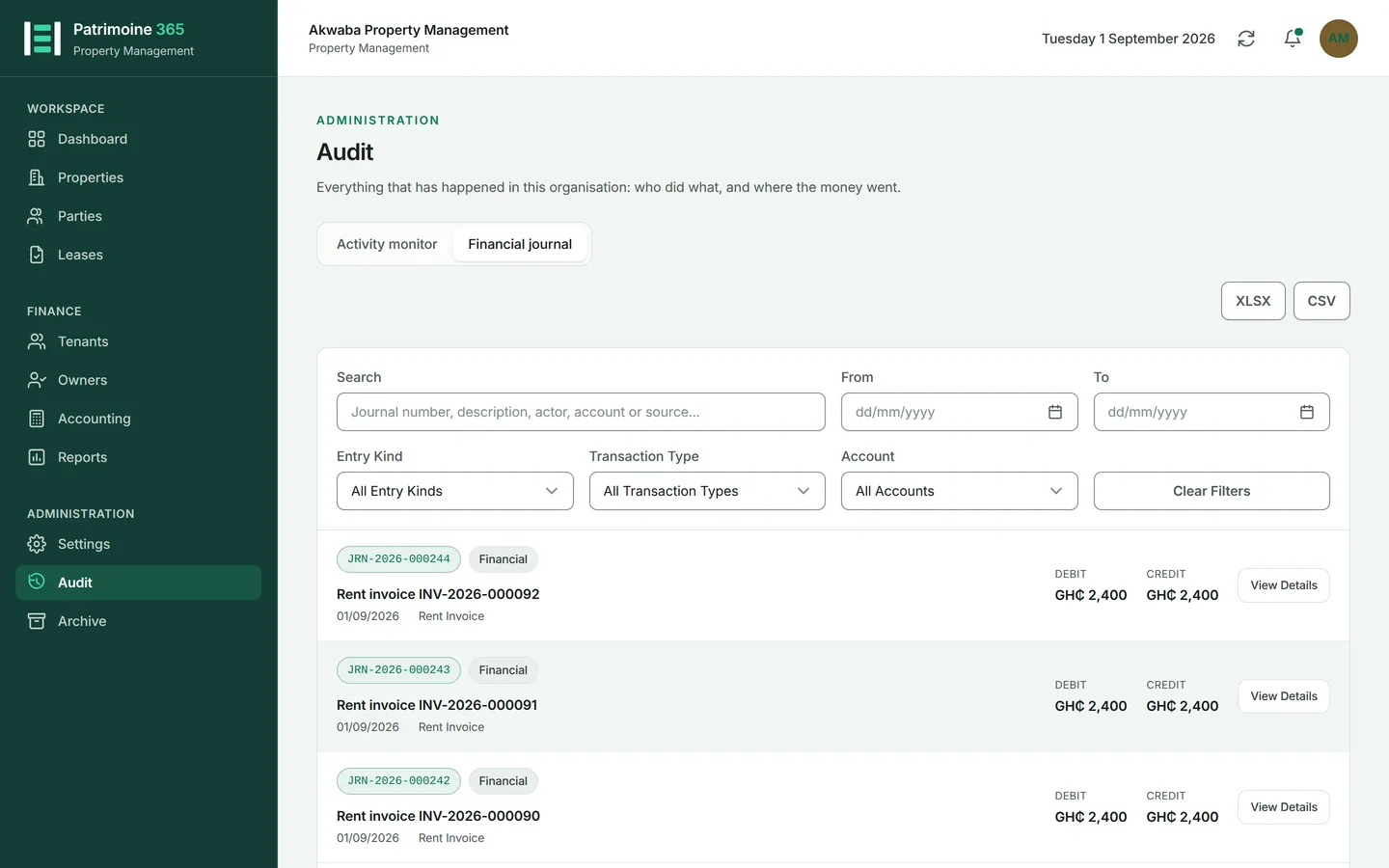 Open Audit from the Administration group and press the Financial journal tab.