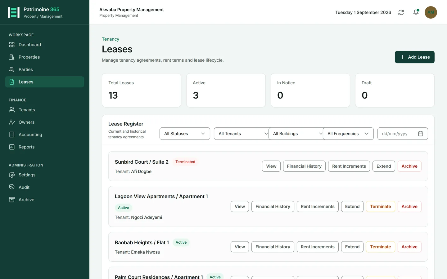 The draft appears under Unfinished assistants at the top of the Leases page, named after whoever started it and the day they did.