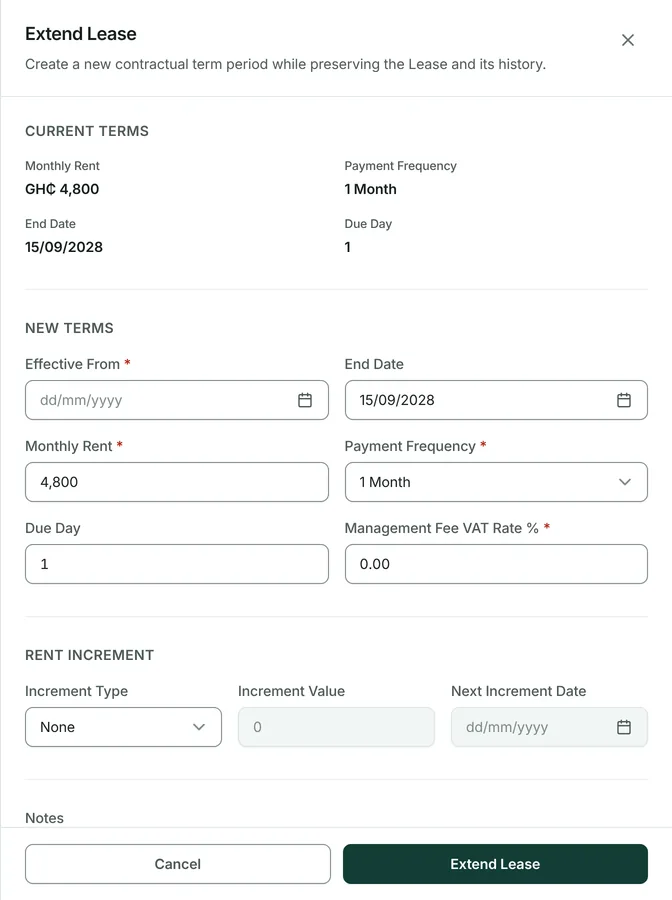 Set the new end date, and the new rent if it changes.
