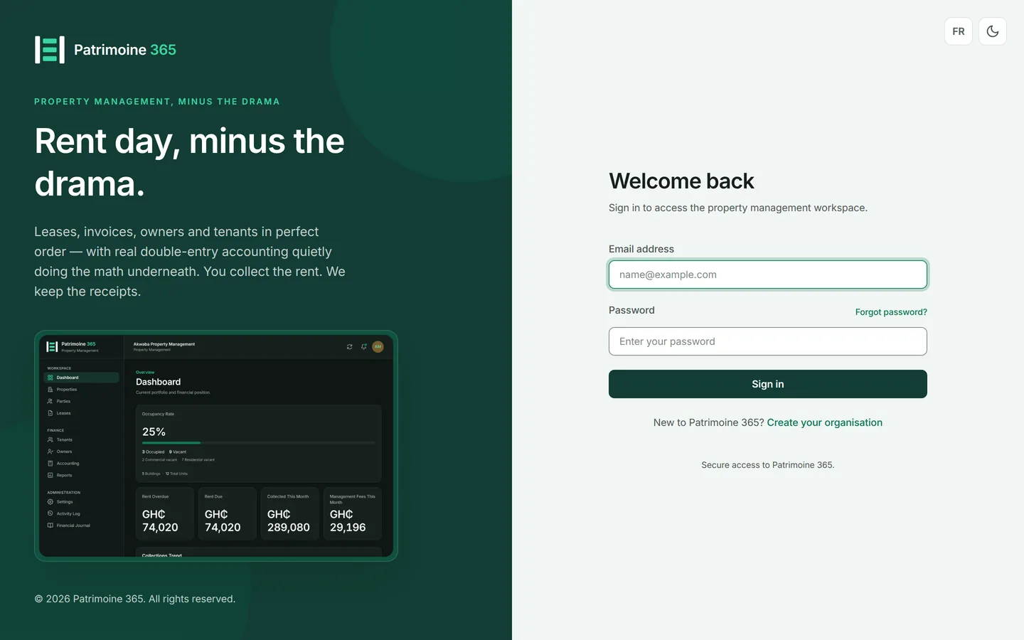 Go to app.patrimoine365.com. Enter your email address and password, then press Sign in.