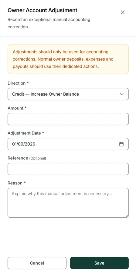 Choose the direction: a credit increases the owner's balance, a debit reduces it.