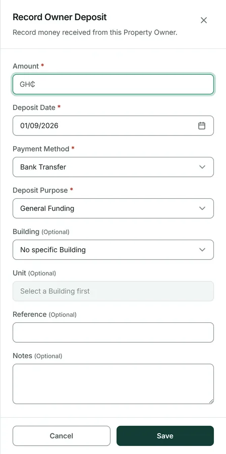 Enter the amount, the date, how it was paid and what it is for.