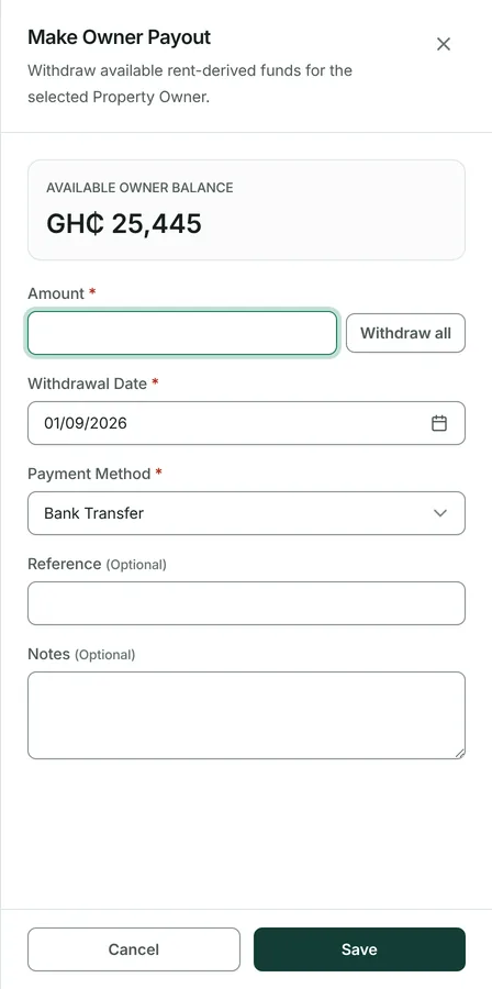 The available balance is shown. Enter the amount and the date, or press Withdraw all to fill the field with everything owed.