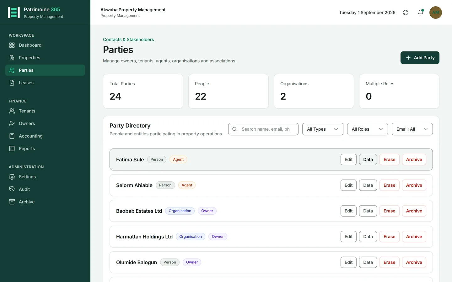 Open Parties from the sidebar and press Add Party.