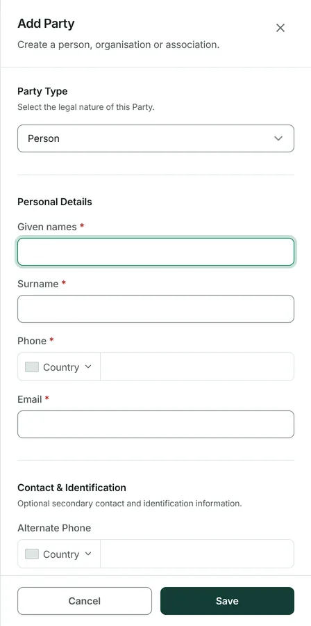 Choose Person or Company. A company also has a contact person, with their own telephone number.