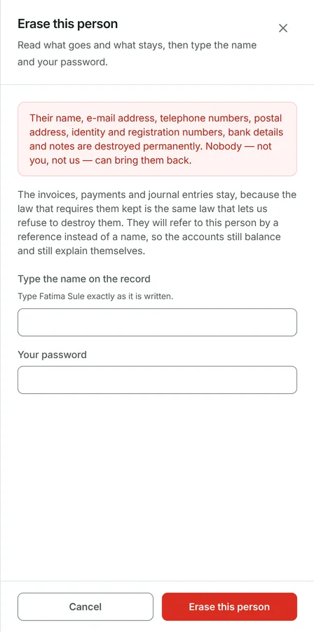 Open Parties, find the person, and press Erase.