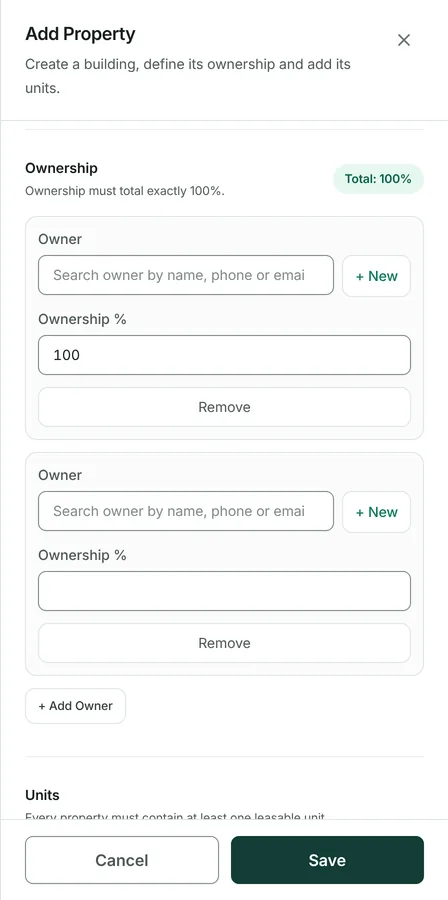 Press Add owner and choose a party. Anybody you name here must already exist as a party with the owner role.