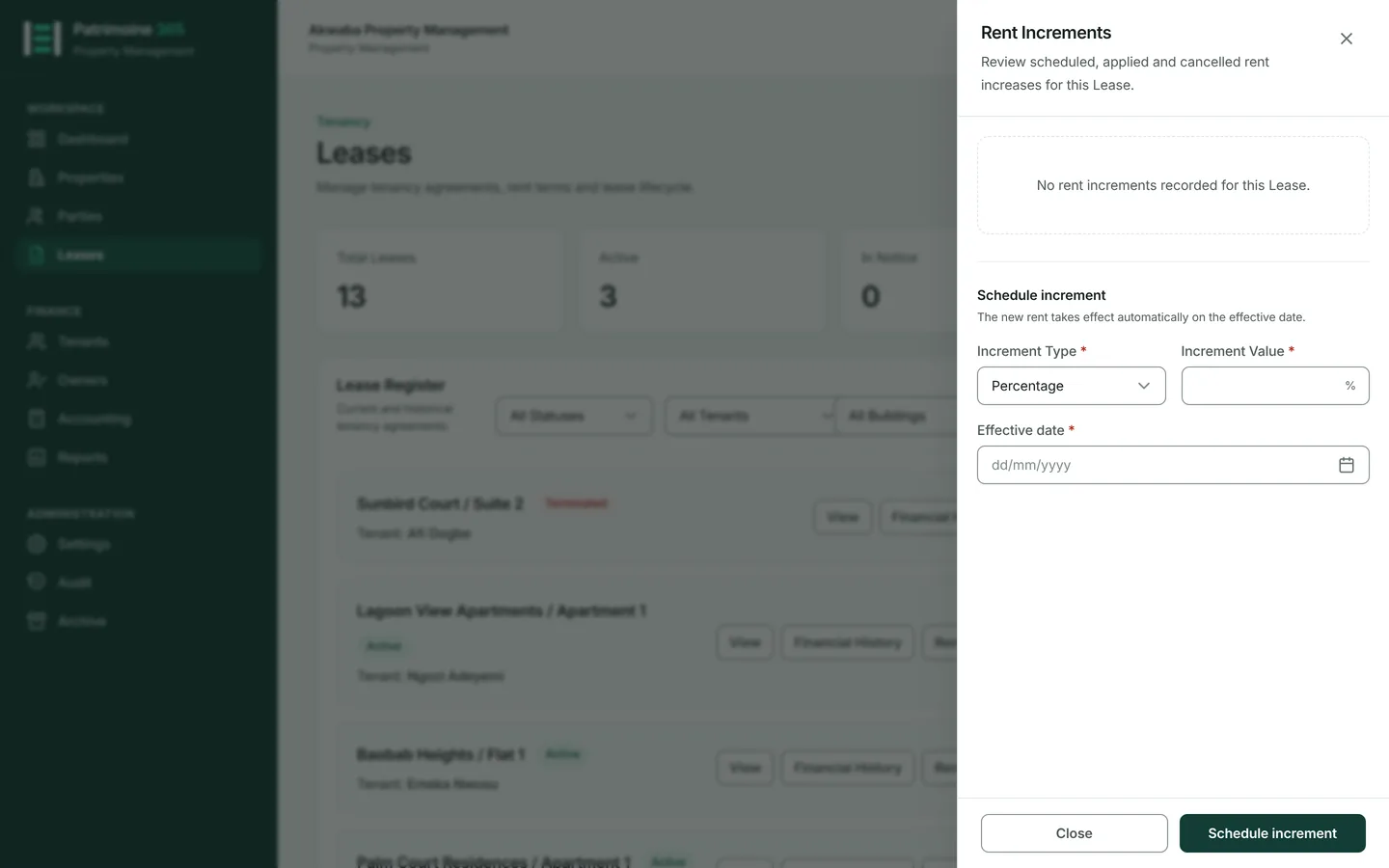 Enter the new rent and the date it takes effect.