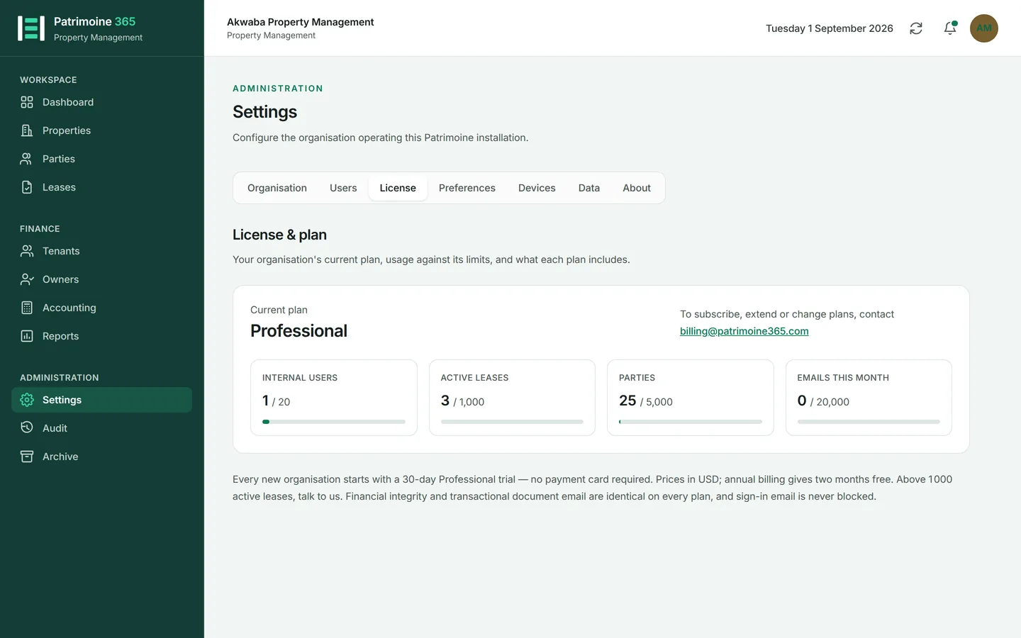Open Settings and choose the Licence tab.