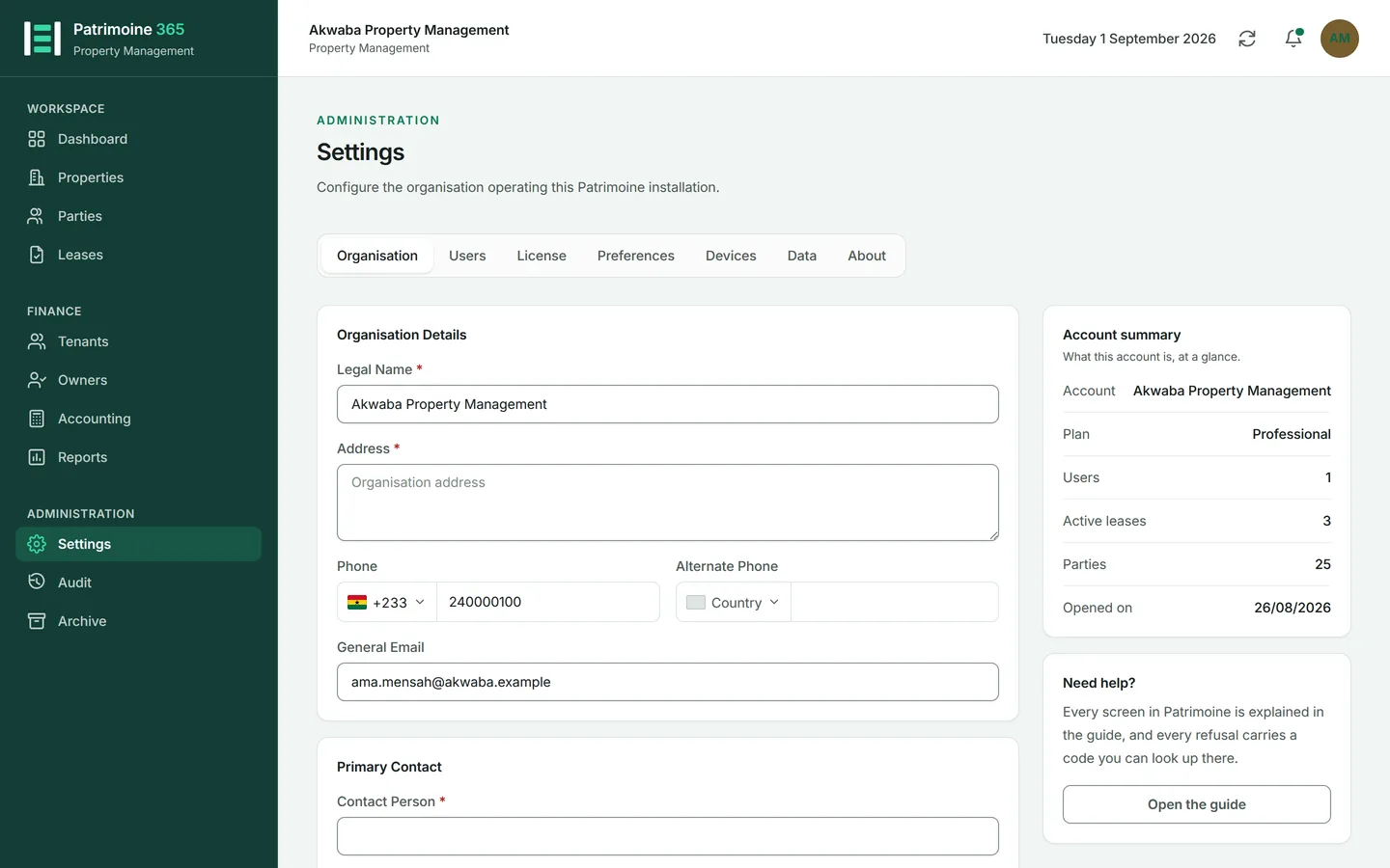 Fill in the name, address, telephone number with its country, and email address.