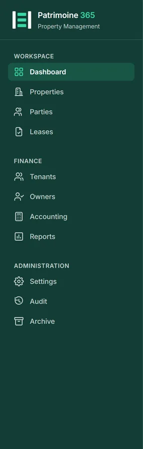 Workspace holds the day-to-day: Dashboard, Properties, Parties and Leases.
