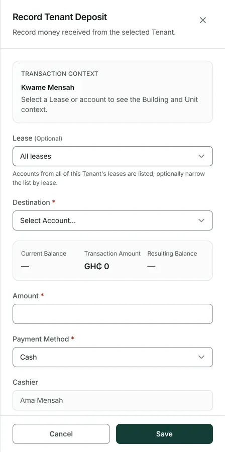 Press Record deposit — this is where money received from a tenant is entered, whatever it is for.