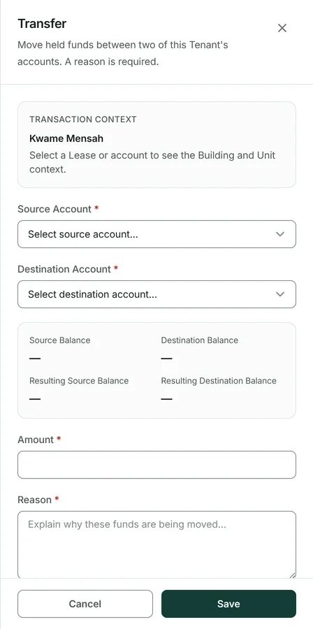 Choose the account it comes from and the account it goes to.