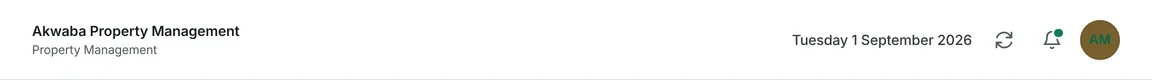 The top bar shows the organisation you are signed in to, today's date, the notification bell, and your own photograph. Press the photograph for your profile and to sign out.