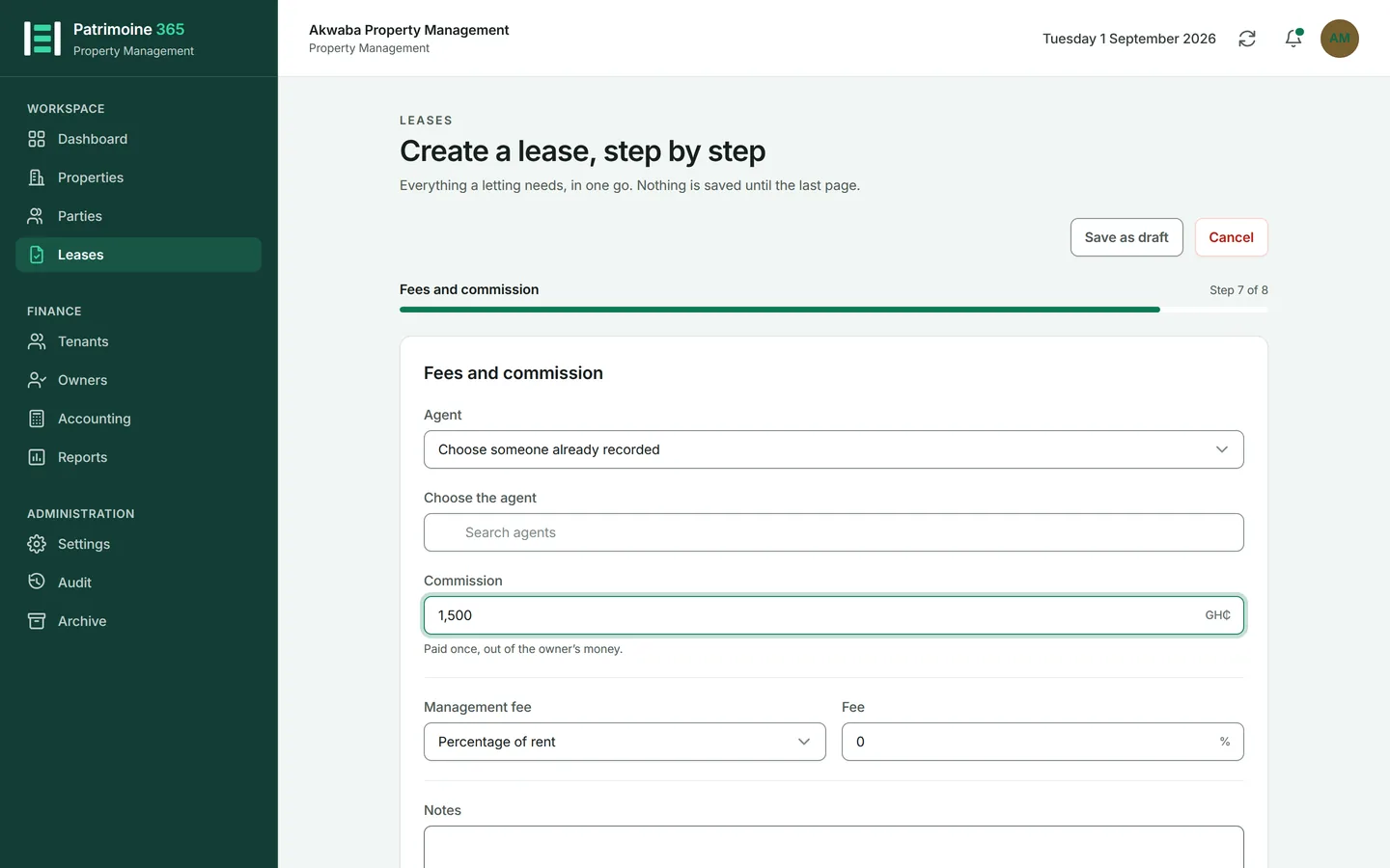Fees and commission. Choose the agent, if the letting has one, and say what they are owed; the commission field appears the moment an agent is chosen, directly under their name. Then set your management fee and any notes about the letting.