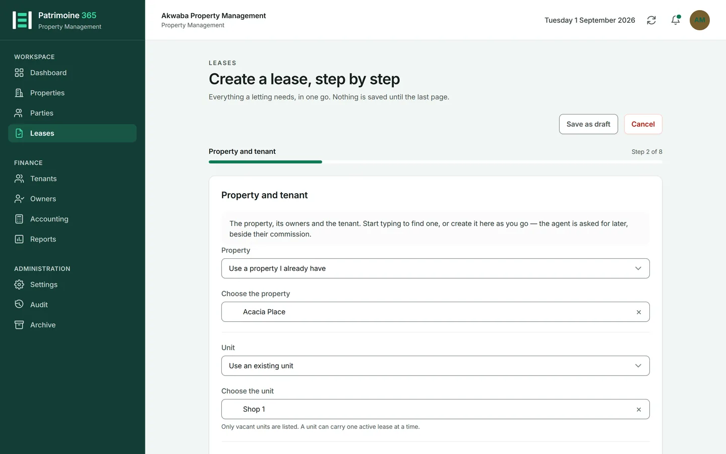 Property and tenant. Start typing to find the property and the unit being let, or create either; record who owns it and their shares, if Patrimoine does not know yet; then find the tenant the same way. Anything not recorded yet can be created here as you go, and a new person can be told straight away whether Patrimoine may email them.
