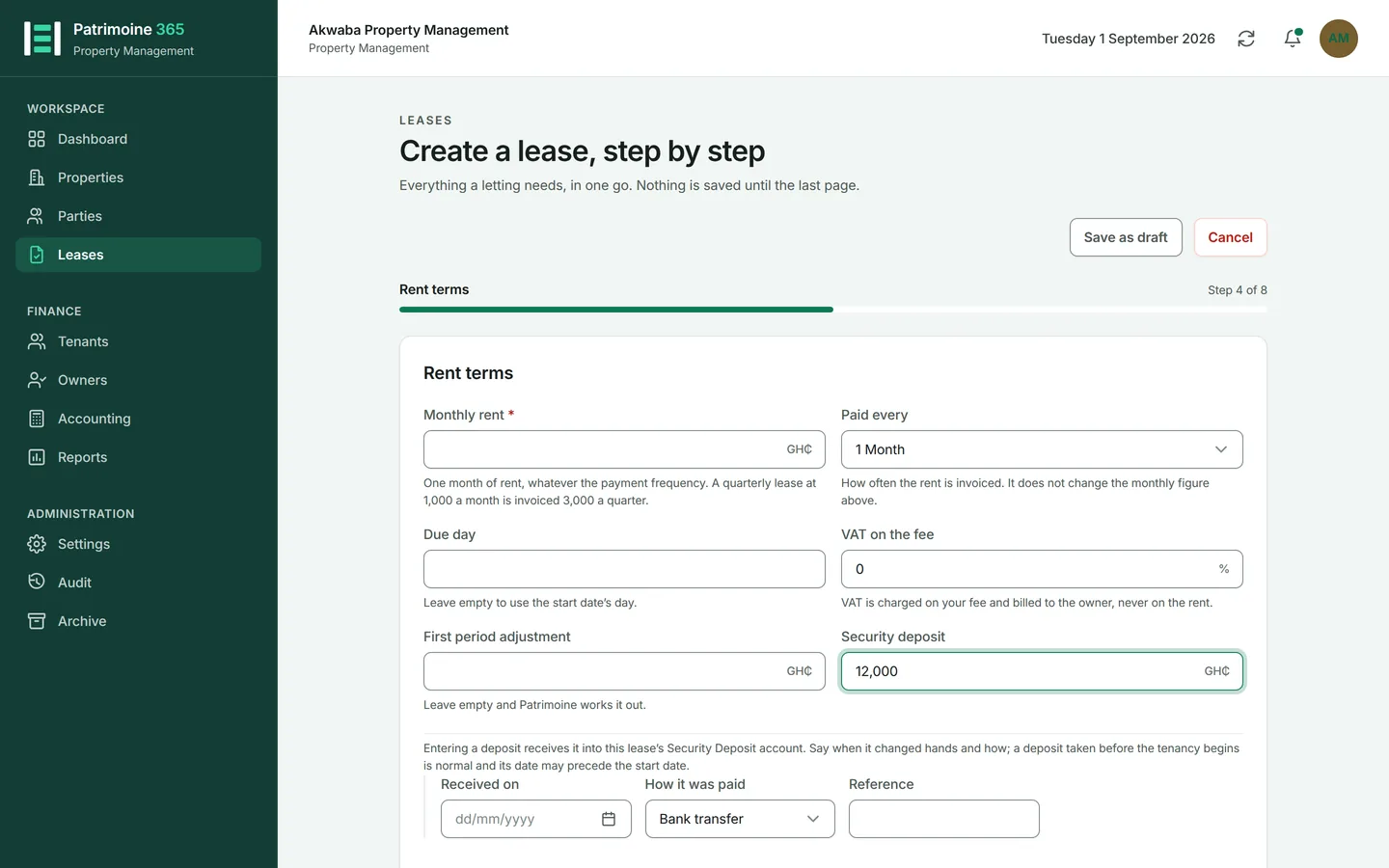 Rent terms. The rent field is a MONTH of rent, whatever the payment frequency — a lease paid every 3 Months at 1,000 a month is invoiced 3,000 a quarter. Paid every counts months from the start date rather than calendar quarters, which is why it reads 1 Month, 3 Months, 6 Months and 12 Months. Set it, then the due day, the VAT on your fee, any first-period adjustment, and the deposit.