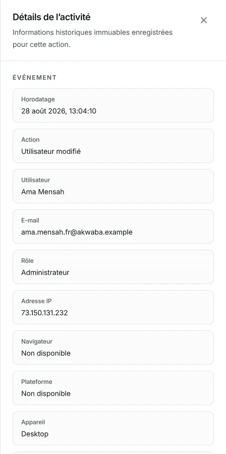 Filtrez par personne, par action ou par date, puis appuyez sur un événement pour le voir en entier.