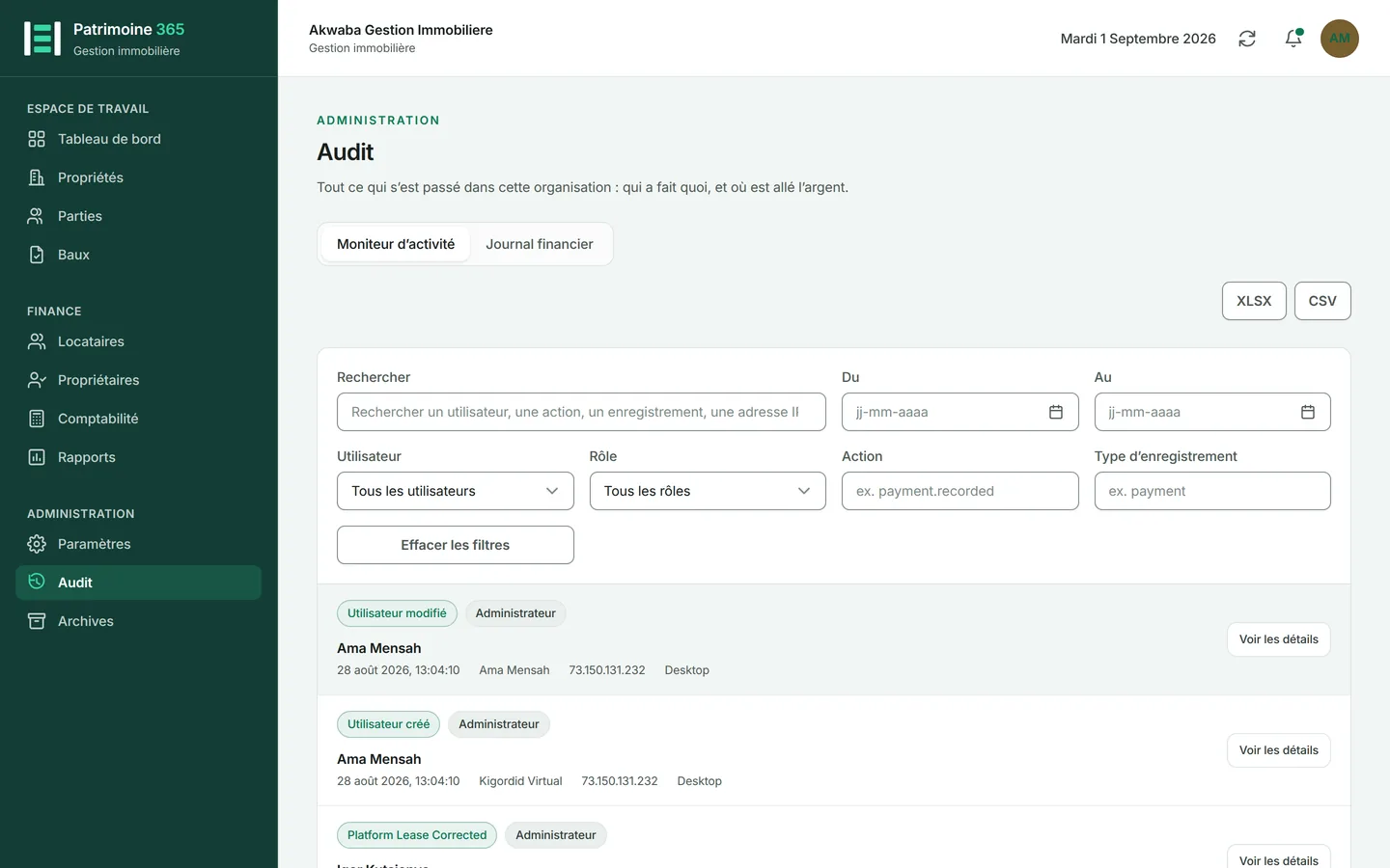 Ouvrez Audit depuis le groupe Administration. Il s'ouvre sur Moniteur d'activité.