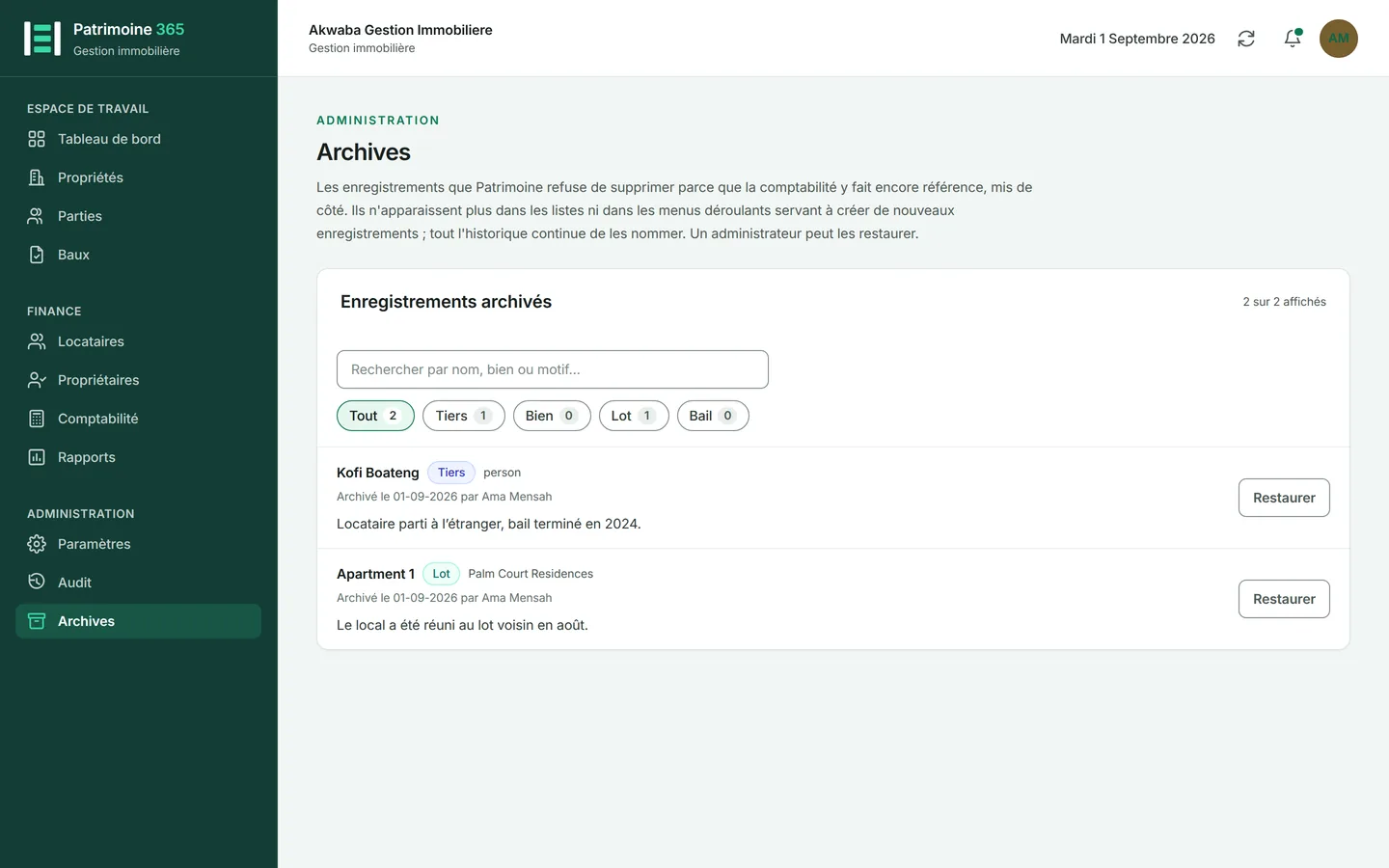 Ouvrez Archives, sous Audit, pour voir tout ce qui a été mis de côté, pourquoi, et par qui. Cherchez dans les noms et les motifs, ou limitez à un seul type d'enregistrement à l'aide des pastilles.