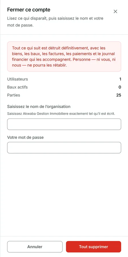 Appuyez sur Fermer le compte. Le panneau dénombre ce qui va disparaître : les personnes, les baux, les parties.