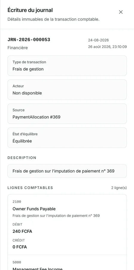 Appuyez sur une écriture pour voir ses lignes — ce qui a été débité, ce qui a été crédité, et quel document l'a produite.