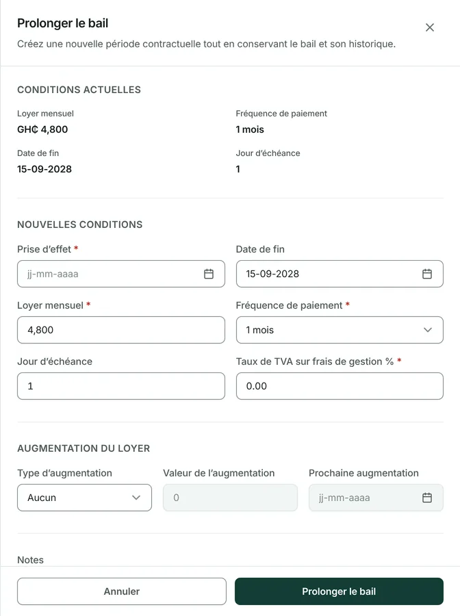 Indiquez la nouvelle date de fin, et le nouveau loyer s'il change.