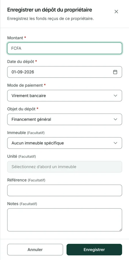 Saisissez le montant, la date, le mode de paiement et l'objet.
