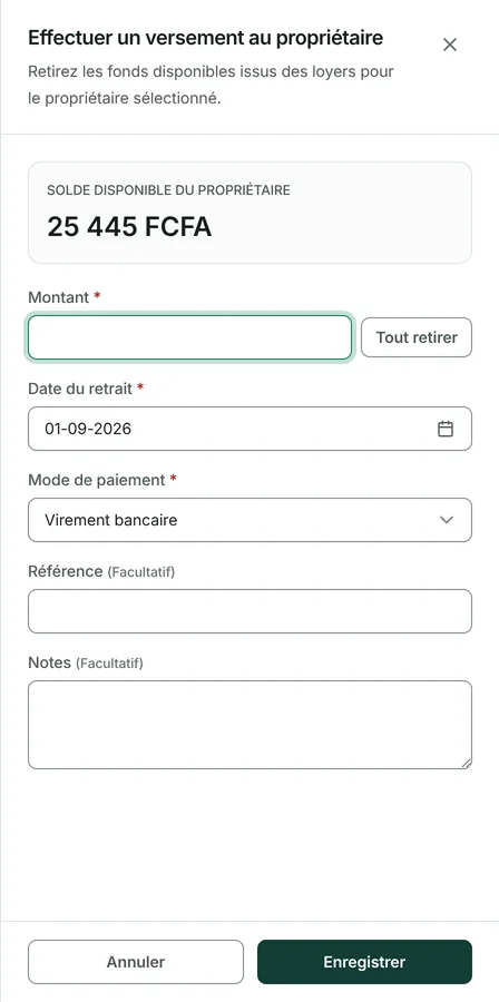 Le solde disponible est affiché. Saisissez le montant et la date, ou appuyez sur Tout retirer pour remplir le champ avec la totalité due.