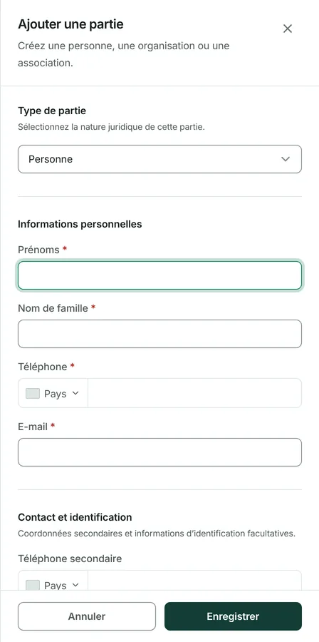 Choisissez Personne ou Société. Une société a aussi une personne de contact, avec son propre numéro de téléphone.