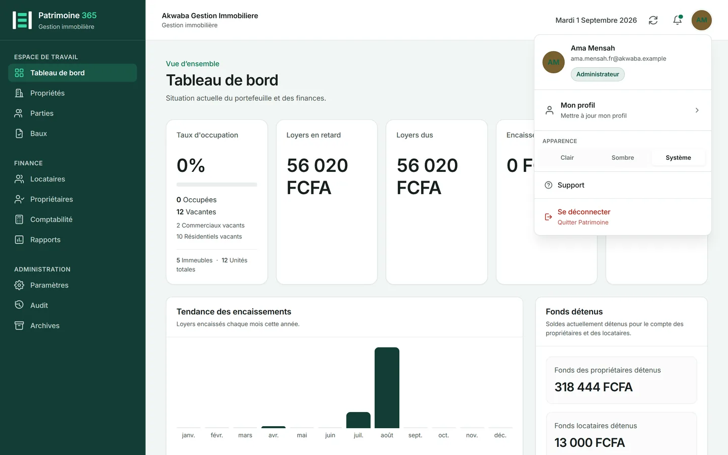 Choisissez le réglage clair ou sombre dans le panneau de profil.