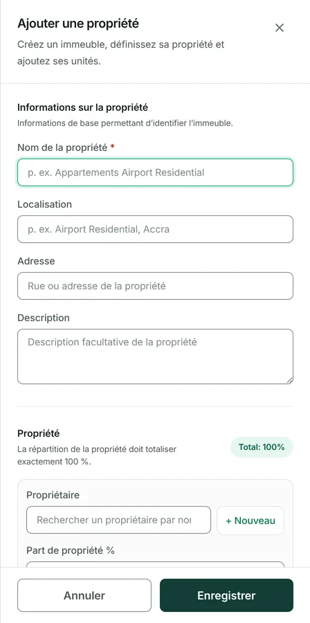 Donnez un nom et une adresse à l'immeuble. Le nom est celui qui figure sur les documents : utilisez celui par lequel on le désigne.
