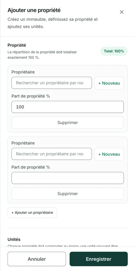 Appuyez sur Ajouter un propriétaire et choisissez une partie. Toute personne nommée ici doit déjà exister comme partie ayant le rôle propriétaire.