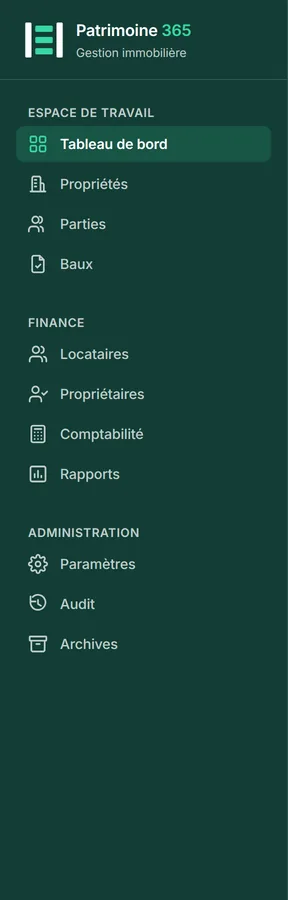 Espace de travail contient le quotidien : Tableau de bord, Biens, Parties et Baux.