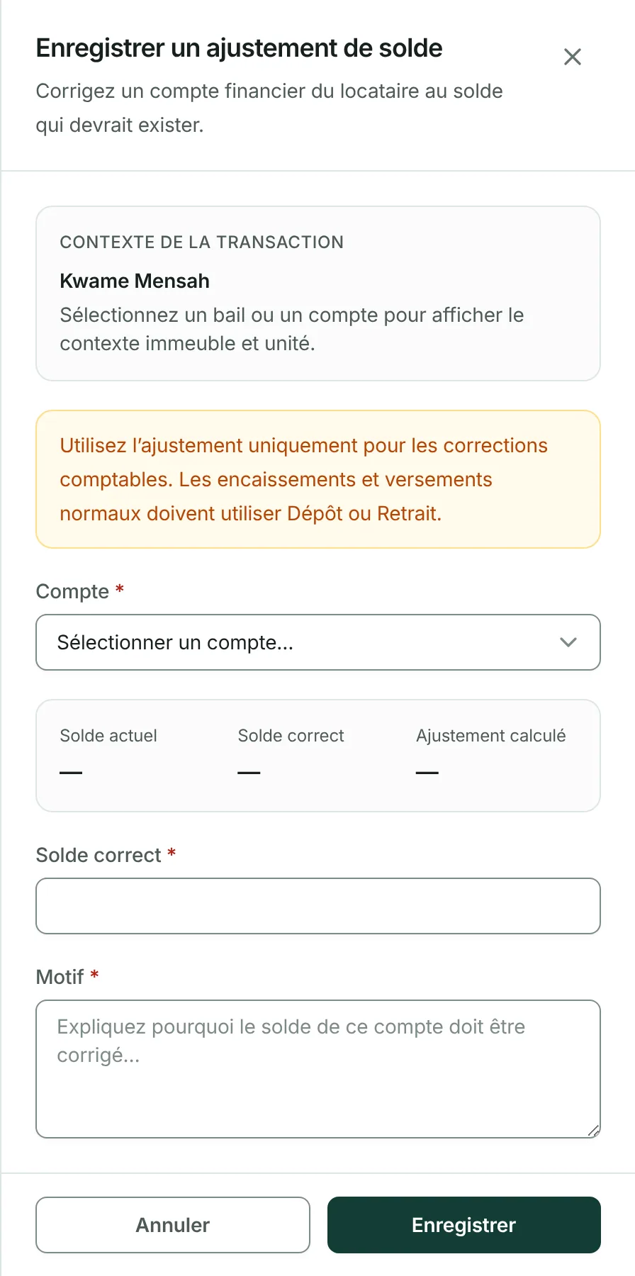 Choisissez le compte et saisissez le solde qu'il devrait présenter.