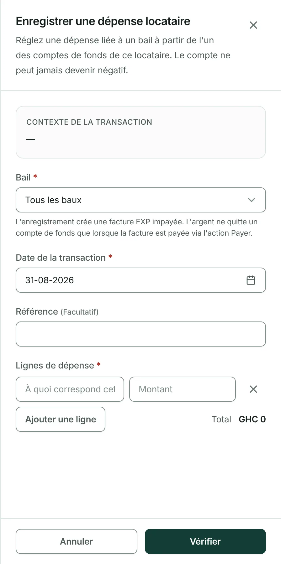 Saisissez le montant, la date et la description de la dépense.