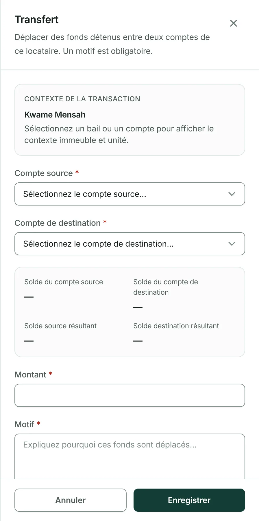 Choisissez le compte d'origine et le compte de destination.