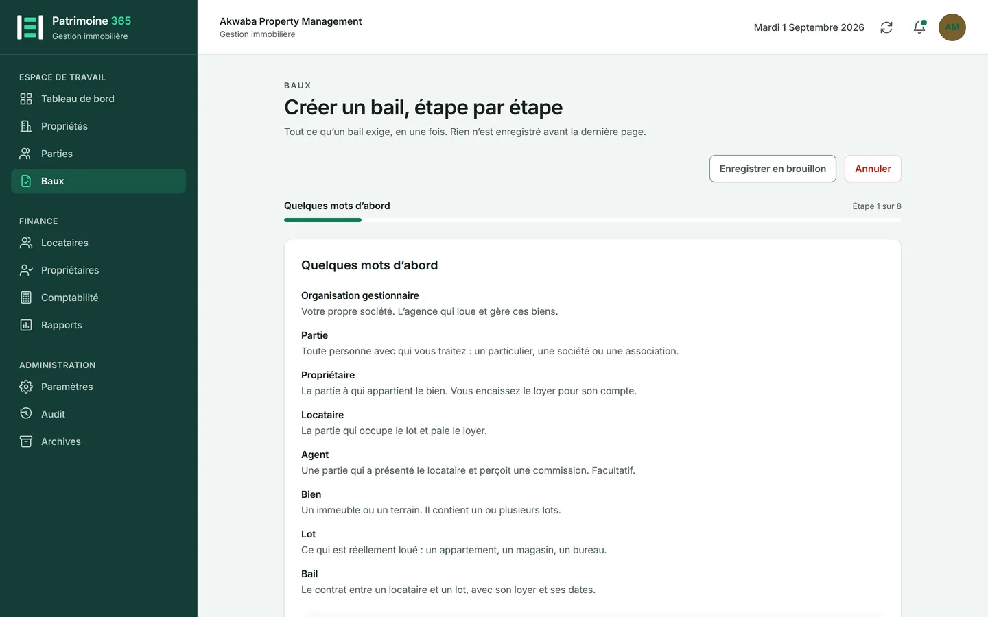 La première page explique les mots employés par l'assistant — partie, propriétaire, unité — pour que rien n'ait à être deviné ensuite. Lisez-la une fois et appuyez sur Suivant.