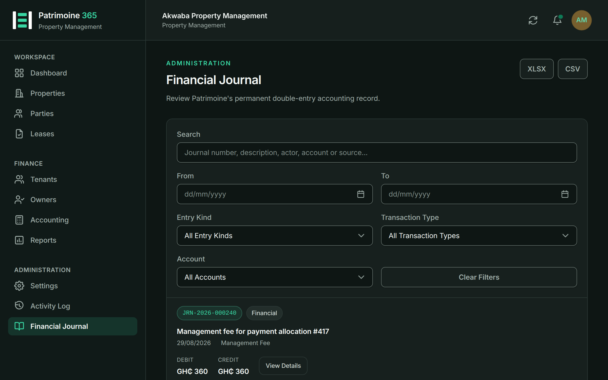 The Patrimoine 365 financial journal listing balanced double-entry postings with their debit and credit amounts
