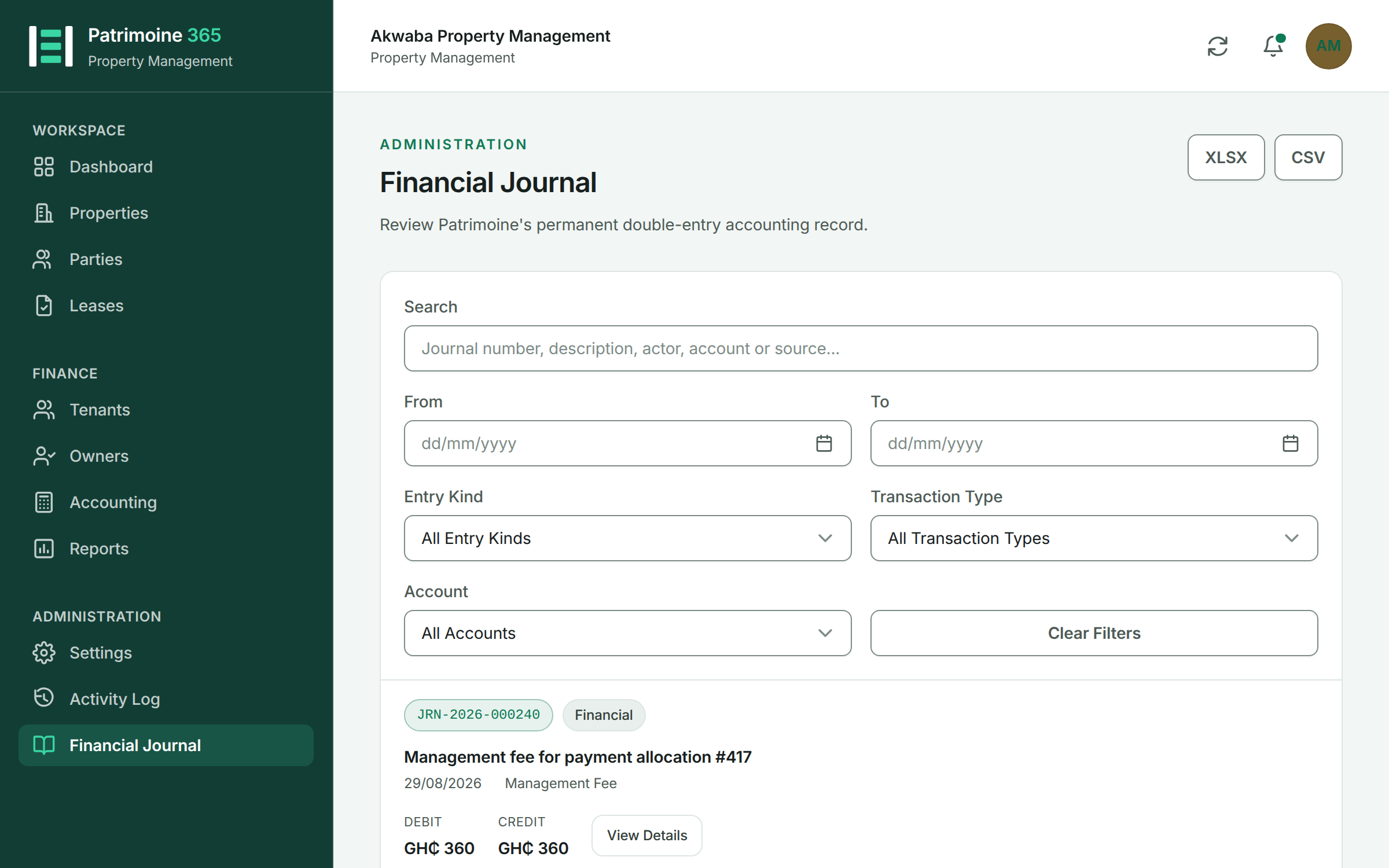 The Patrimoine 365 financial journal listing balanced double-entry postings with their debit and credit amounts