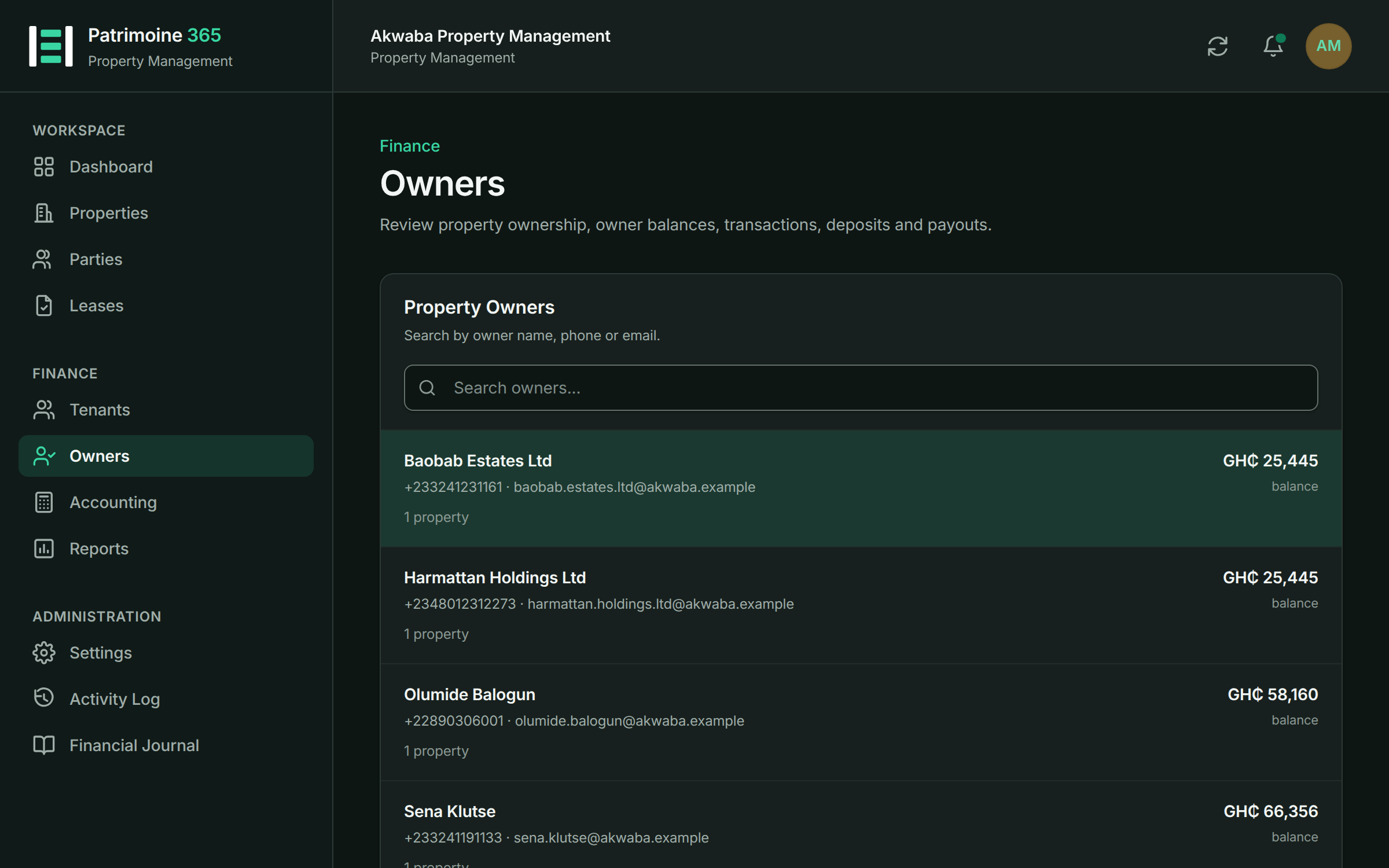 Owner accounts in Patrimoine 365 showing payout balances for each owner