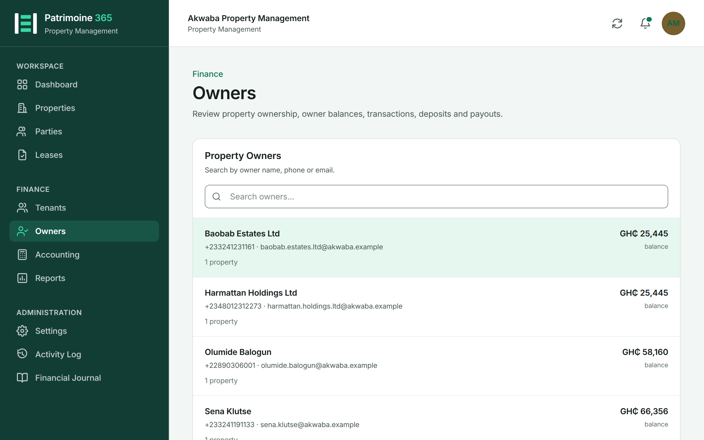Owner accounts in Patrimoine 365 showing payout balances for each owner