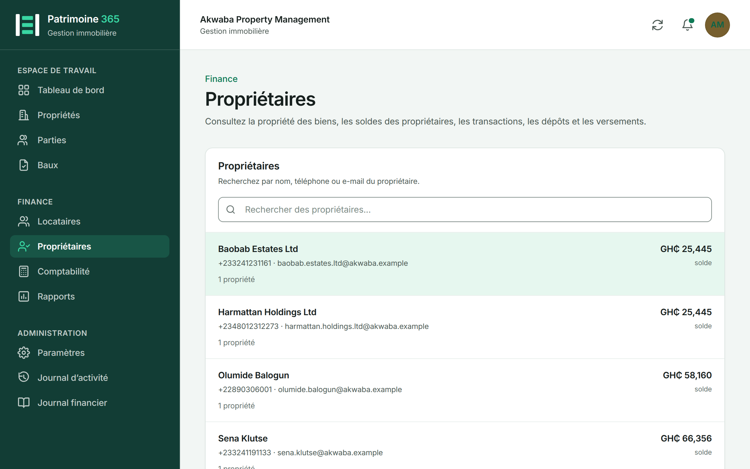 Les comptes propriétaires dans Patrimoine 365 avec les soldes de versement de chaque propriétaire